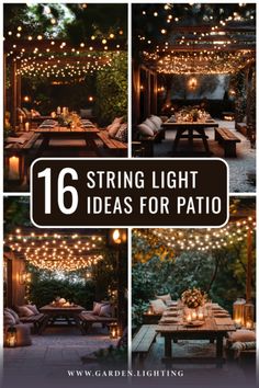 an outdoor dining area with string lights and patio furniture