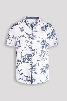 Crafted with a delicate blue floral pattern, this short-sleeve button-up shirt exudes a cool and stylish look. Perfect for any occasion, this shirt will elevate any outfit with its modern and trendy design. The lightweight fabric ensures comfort while the timeless style makes it a versatile addition to any wardrobe. 95% Cotton 5% Spandex Machine wash cold, Tumble dry low, Wash with like colors, Do not bleach. Imported B4WS712 Size Chart Size S M L XL XXL Chest (inches) 36.5 - 38.5 38.5 - 40.5 40 White Button-up Hawaiian Shirt For Spring, Collared Shirt With Floral Print In Patterned Color, Collared Short Sleeve Floral Print Shirt For Spring, Collared Shirt With Floral Print In Patterned Design, Patterned Collared Shirt With Floral Print, Collared Floral Print Patterned Shirt, Patterned Cotton Hawaiian Shirt For Spring, Collared Hawaiian Shirt With Floral Print For Summer, Casual Short Sleeve Shirt With Floral Print