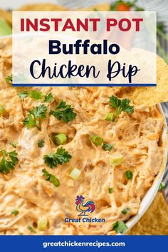 the instant pot buffalo chicken dip in a bowl with tortilla chips