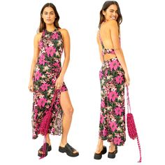 The Mimi Printed Dress In Black Combo Has Us Dreaming Of Paradise. This Colorful Patterned Midi Has A Tie Front Detail With Racerback And Cut-Out Accents, Creating Our Dream Silhouette In A Midi. This Piece Is The Perfect Dress To Pack For Any Upcoming Vacation! Composition & Fit: High Neck Floral Multi High-Low Back Cut-Out Detail Pink Floral Print Beachwear Midi Dress, Pink Sleeveless Midi Beach Dress, Pink Midi Dress For Day Out At The Beach, Pink Tropical Print Halter Neck Dress, Pink Halter Neck Dress With Tropical Print, Pink Tropical Print Midi Dress For Beach, Fitted Pink Maxi Dress With Tropical Print, Pink Tropical Midi Dress For Vacation, Pink Halter Neck Tropical Dress