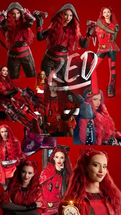 a collage of photos with red hair and clothes, including an image of a woman in