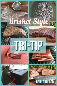 bbq grills with the words brisket style trip written in blue above them