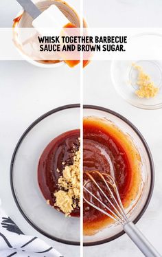 two pictures showing how to make barbecue sauce and brown sugar in a glass bowl with whisk together