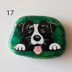 a black and white dog painted on a green rock with the number 17 below it