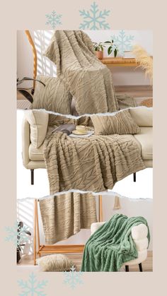 three pictures showing different types of blankets