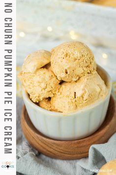 three scoops of ice cream in a white bowl on a wooden plate with text overlay