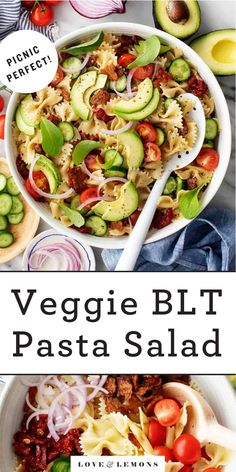 two bowls filled with veggie blt pasta salad next to an avocado