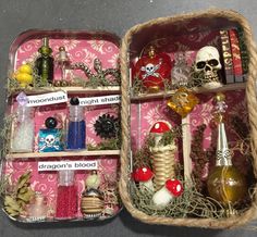 two baskets filled with different items on top of a table