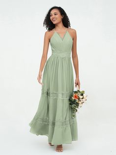 Lace and Chiffon Tiered Skirt Boho Dresses-Dusty Sage Rylee BABARONI Sage Green Bridesmaid, Mog Dresses, Sage Green Bridesmaid Dress, Dusty Sage, Chiffon Shawl, Fancy Fashion, Green Bridesmaid, Green Bridesmaid Dresses, Lace Decor