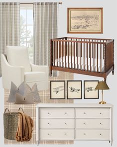 a baby's room with furniture and decor including a crib, dresser, chair, lamp, window curtain, and pictures