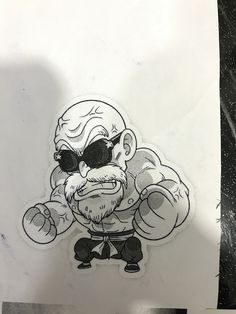 a drawing of an old man wearing sunglasses and holding a dumbble weight sticker