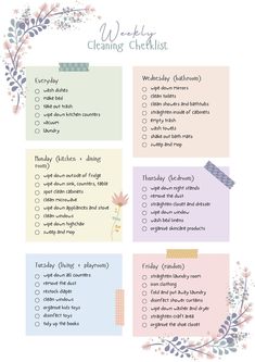 a cleaning checklist with flowers and leaves on the top, in pastel colors