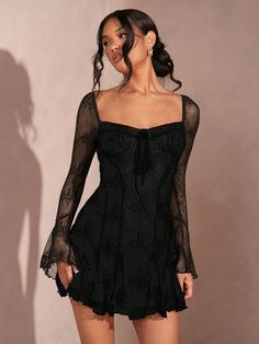 Black Lace Panel Ruffled Hem Midi Dress For Women Black Elegant  Long Sleeve Knitted Fabric Plain A Line High Stretch  Women Clothing, size features are:Bust: ,Length: ,Sleeve Length: Midi Dress For Women, Effortless Hairstyles, Lace Panelled, Lace Mini Dress, Mini Dresses, Dress For Women, Long Sleeve Knit, Ruffle Hem, Fashion Online Shop