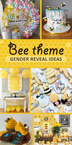 bee theme gender reveal ideas with honeycombs, balloons and bum cake toppers