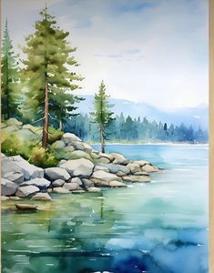 a watercolor painting of rocks and trees on the shore of a body of water