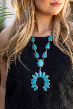 This necklace is a stunning embodiment of Southwestern allure and timeless beauty. It features a meticulously crafted squash blossom making it the perfect accessory to elevate any outfit and make a statement with style and grace. Embrace the spirit of the Southwest this exquisite piece that captures the essence of the Southwestern spirit. Bohemian Necklaces For Western-themed Events, Southwestern Necklaces For Western-themed Events, Western Style Turquoise Necklace For Ranch, Turquoise Necklace For Western-themed Events, Turquoise Squash Blossom, Squash Blossom Necklace, Squash Blossom, Style And Grace, Silver Turquoise