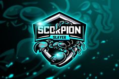 the scorpion logo on a dark background with blue and green light coming from behind it