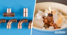 copper fittings are used to make the pipes look like they have been turned into candles