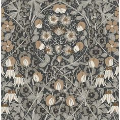 an intricately designed wallpaper with flowers and leaves in grey, beige and brown colors