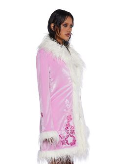 cuz they never saw true beauty till this night. Be warm and radiant in this long coat which has a velvet construction, embroidered designs on the sleeves and front, and faux fur trim. Pink Winter Outerwear With Feather Trim, Party Long Sleeve Faux Fur Coat, Long Sleeve Faux Fur Coat For Parties, Winter Fur Coat With Feather Trim And Long Sleeves, Long Sleeve Fur Coat With Feather Trim For Winter, Fitted Pink Fur Coat With Long Sleeves, Long Fur Coat With Feather Trim For Winter, Pink Fitted Long Sleeve Fur Coat, Coat With Fur Trim