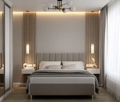 a bedroom with a large bed and two lamps on either side of the headboard