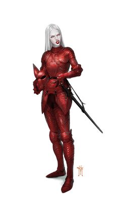 a woman dressed in red holding two swords