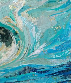 an abstract painting with blue waves and gold paint on the bottom, in shades of turquoise