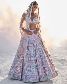 Ivory Mirror Work Lehenga Set | Seema Gujral Pink Net Lehenga, Colored Mirror, Lehenga Wedding, Padded Blouse, Geometric Embroidery, Traditional Indian Outfits