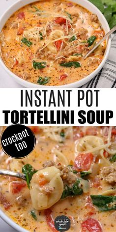 two pictures showing different types of tortellini soup