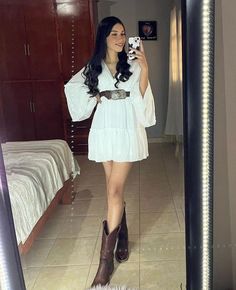 Dress And Boots Outfit Mexican, Dama Vaquera Outfits, Western Outfits Women Quince, Dress With Boots Mexican, Cowgirl Attire For Women, Dress With Cowboy Boots Mexican, Latina Cowgirl Outfits Dress, Dresses With Cowboy Boots Mexican, Vaquero Outfits For Women