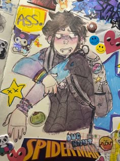 a drawing of a person with lots of stickers on it