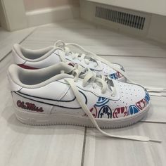 Ole Miss Air Force 1- Never Worn Nike Custom Casual Sneakers With White Laces, Casual Custom White Sneakers With Speckled Midsole, White Lace-up Casual Custom Sneakers, White Low-top Custom Sneakers With Speckled Midsole, Casual White Lace-up Custom Sneakers, Nike Low-top Sneakers With White Laces, Custom White Nike Sneakers In Synthetic, Ole Miss Painting, Ole Miss Rebelettes