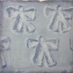 an abstract painting with blue and white paint on it's edges, depicting angel symbols