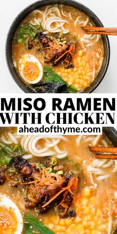 miso ramen with chicken and noodles in a black bowl on a white background