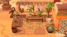 a living room filled with lots of furniture and potted plants on top of a rug