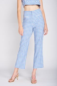 Baby blue gingham pants that match with our Molly Top! Content + Care 40% Cotton 30% Polyester 30% Linen Hand wash Blue Plaid Pants, Check Pants, Play Dress Up, Blue And White Gingham, Gingham Pants, Soft Pants, Flowy Blouse, Pants Blue, Flared Pants