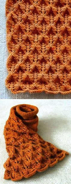 an orange knitted scarf sitting on top of a white table next to another photo