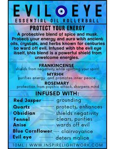 A protective blend of spice and musk. Protect your energy and aura with ancient oils, crystals, and herbs known for centuries to ward off evil. Infused with the evil eye itself, this blend is a powerful shield from unwelcome energies. Details 10 ML Earthy/Masculine scent Sweet almond oil base Ingredients Prunus Amygdalus Dulcis Oil (Sweet Almond Oil), Boswellia Carterii Oil (Frankincense Essential Oil), Commiphora Myrrha Oil (Myrrh Essential Oil), Rosmarinus Officinalis Oil (Rosemary Essential Oil), Juniperus Communis Fruit Oil (Juniper Berry Essential Oil), Salvia Sclarea Oil (Clary Sage Essential Oil), Vanilla Planifolia Fruit Extract (Vanilla Essential Oil), Foeniculum Vulgare Seed Oil (Fennel Seed), Pimpinella Anisum Fruit Oil (Anise Seed), Centaurea Cyanus Flower (Dried Blue Cornflowe Wiccan Essential Oils, Witchcraft Essential Oils, Protection Essential Oils, Egyptian Musk Oil Recipe, Protection Oil Recipe, Commiphora Myrrha, Medicinal Herbs Remedies, Zodiac Essential Oils, Crystals And Herbs