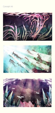 three different colored images of people swimming in the water with fish and plants growing out of them