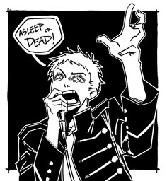 a black and white drawing of a man holding a microphone