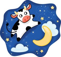 a cartoon cow is flying over the moon