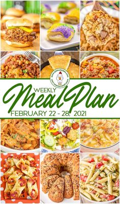 the weekly meal plan with pictures of different foods and desserts on it's cover