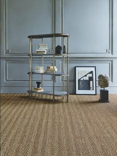 a living room with carpeting and furniture in the corner, including a book shelf