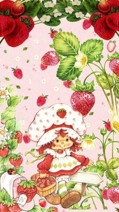 strawberry shortcakes and strawberries on pink background with red roses in the foreground