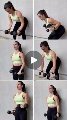 a woman is doing exercises with dumbbells