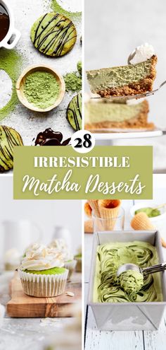 Matcha cookies, matcha cheesecake, a green tea cupcake and matcha ice cream. Green Tea Recipes Desserts, Matcha Scones, Ice Cream And Cookies, Matcha Dessert Recipes, Matcha Roll Cake, Matcha Cupcakes, Matcha Desserts, Matcha Mousse, Green Tea Dessert