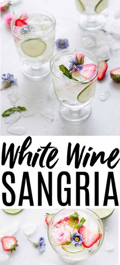 white wine sangria with strawberries and flowers in glasses