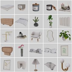 a collage of different types of furniture and decor in white, grey, beige and black