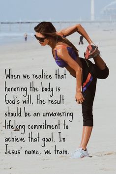 a woman standing on top of a sandy beach next to the ocean with an inspirational quote