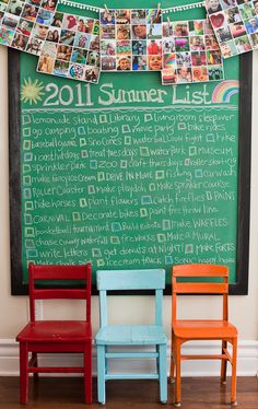 two children's chairs sitting in front of a chalkboard with pictures on it